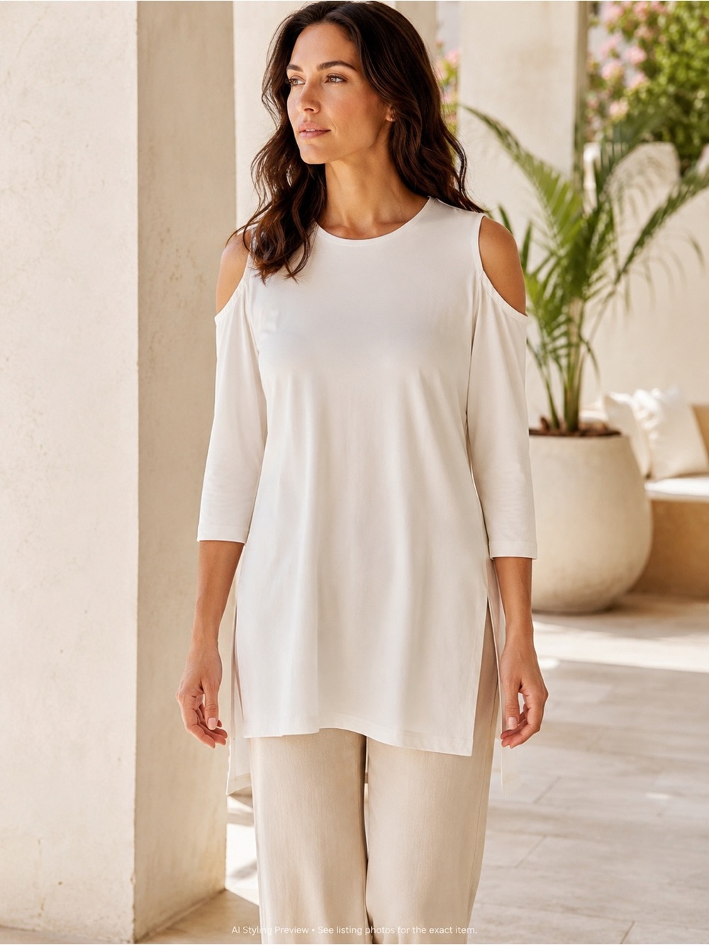 Sympli Canada Off-White Cold Shoulder Tunic Top 3/4 Sleeve A-Line Size 8